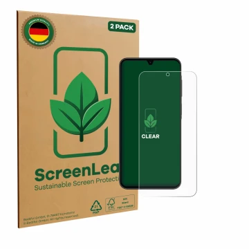 Parte frontal de un envase de producto con el logotipo de la marca ScreenLeaf. Al lado se muestra el dispositivo Samsung Galax