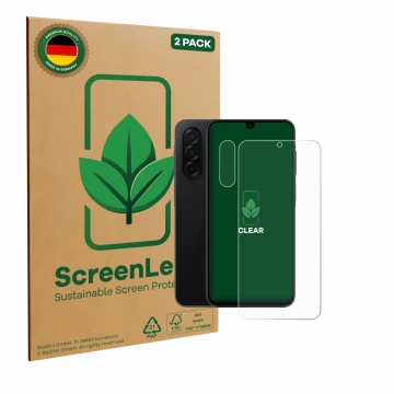 Parte frontal de un envase de producto con el logotipo de la marca ScreenLeaf. Al lado se muestra el dispositivo Samsung Galax