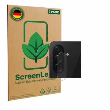 Parte frontal de un envase de producto con el logotipo de la marca ScreenLeaf. Al lado se muestra el dispositivo Samsung Galax