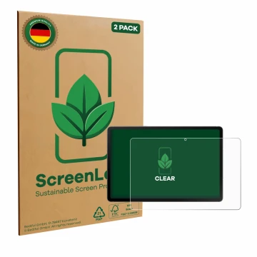Parte frontal de un envase de producto con el logotipo de la marca ScreenLeaf. Al lado se muestra el dispositivo Samsung Galax