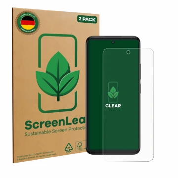 Parte frontal de un envase de producto con el logotipo de la marca ScreenLeaf. Al lado se muestra el dispositivo TCL 60R con s
