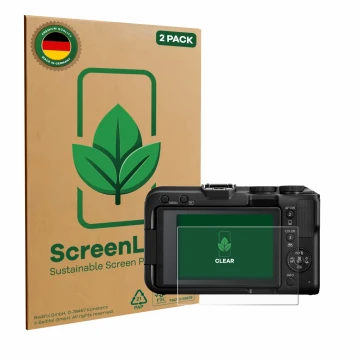 Parte frontal de un envase de producto con el logotipo de la marca ScreenLeaf. Al lado se muestra el dispositivo Canon EOS R50