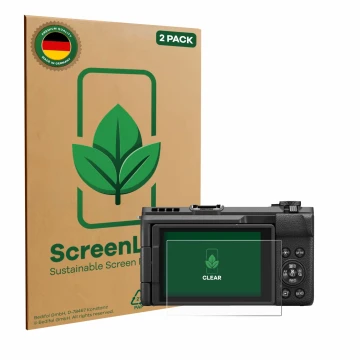 Parte frontal de un envase de producto con el logotipo de la marca ScreenLeaf. Al lado se muestra el dispositivo Canon PowerSh