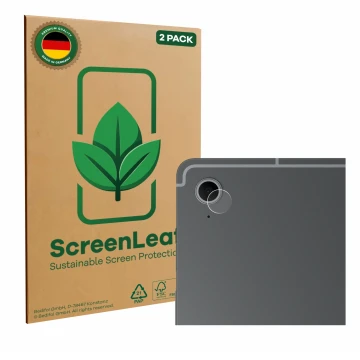 Parte frontal de un envase de producto con el logotipo de la marca ScreenLeaf. Al lado se muestra el dispositivo Samsung Galax