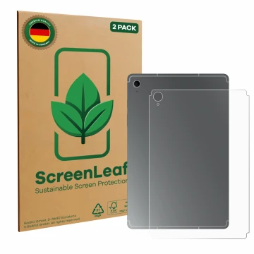 Parte frontal de un envase de producto con el logotipo de la marca ScreenLeaf. Al lado se muestra el dispositivo Samsung Galax