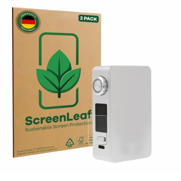 Parte frontal de un envase de producto con el logotipo de la marca ScreenLeaf. Al lado se muestra el dispositivo Lost Vape Cen