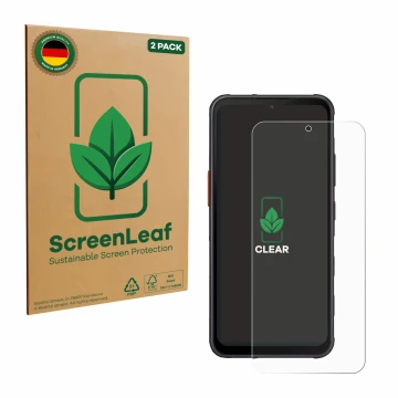 Parte frontal de un envase de producto con el logotipo de la marca ScreenLeaf. Al lado se muestra el dispositivo Samsung Galax