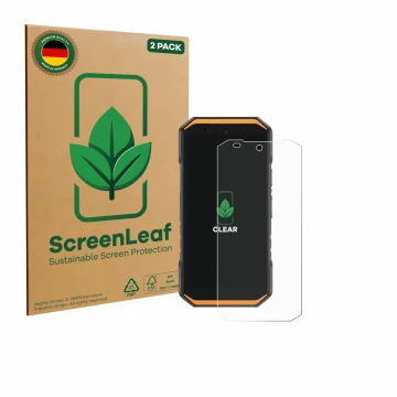 Parte frontal de un envase de producto con el logotipo de la marca ScreenLeaf. Al lado se muestra el dispositivo Ulefone Armor