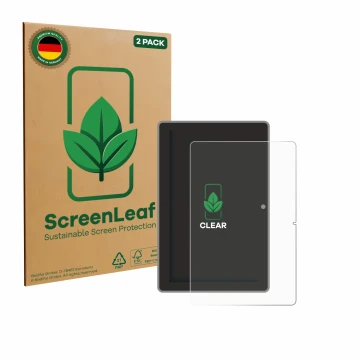 Parte frontal de un envase de producto con el logotipo de la marca ScreenLeaf. Al lado se muestra el dispositivo Lenovo Tab TB