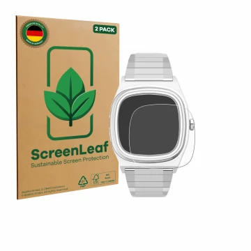 Parte frontal de un envase de producto con el logotipo de la marca ScreenLeaf. Al lado se muestra el dispositivo Timex Reissue
