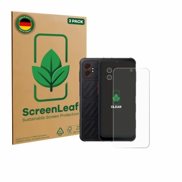 Parte frontal de un envase de producto con el logotipo de la marca ScreenLeaf. Al lado se muestra el dispositivo Samsung Galax