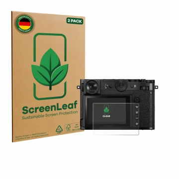 Parte frontal de un envase de producto con el logotipo de la marca ScreenLeaf. Al lado se muestra el dispositivo Fujifilm GFX 