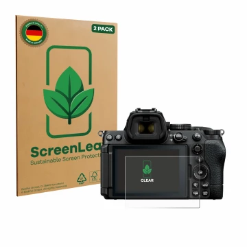 Parte frontal de un envase de producto con el logotipo de la marca ScreenLeaf. Al lado se muestra el dispositivo Nikon Z5 II c