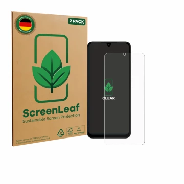 Parte frontal de un envase de producto con el logotipo de la marca ScreenLeaf. Al lado se muestra el dispositivo Xiaomi Redmi 