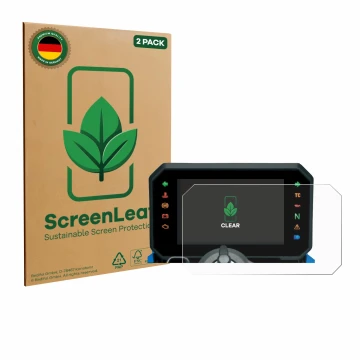 Parte frontal de un envase de producto con el logotipo de la marca ScreenLeaf. Al lado se muestra el dispositivo Suzuki GSX-8S