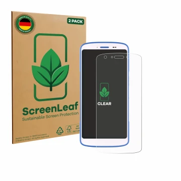 Parte frontal de un envase de producto con el logotipo de la marca ScreenLeaf. Al lado se muestra el dispositivo Zebra HC 25 c