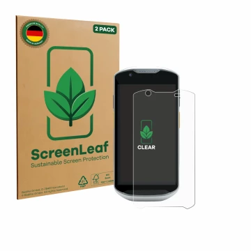 Parte frontal de un envase de producto con el logotipo de la marca ScreenLeaf. Al lado se muestra el dispositivo Zebra TC52x-H