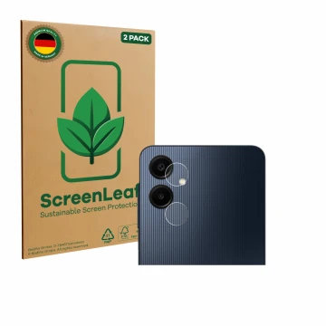 Parte frontal de un envase de producto con el logotipo de la marca ScreenLeaf. Al lado se muestra el dispositivo Samsung Galax