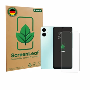 Parte frontal de un envase de producto con el logotipo de la marca ScreenLeaf. Al lado se muestra el dispositivo Samsung Galax