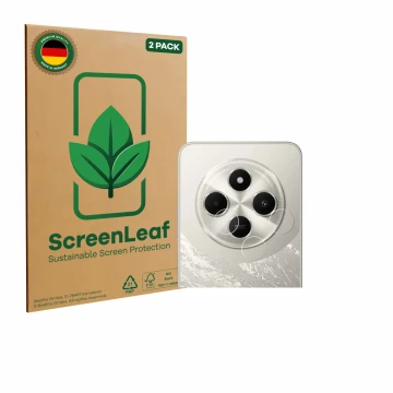 Parte frontal de un envase de producto con el logotipo de la marca ScreenLeaf. Al lado se muestra el dispositivo Xiaomi Poco C