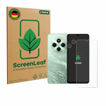 Parte frontal de un envase de producto con el logotipo de la marca ScreenLeaf. Al lado se muestra el dispositivo Xiaomi Poco C