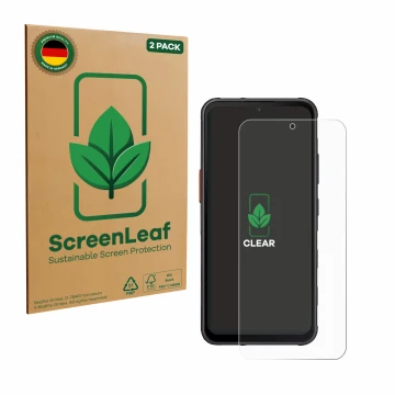 Parte frontal de un envase de producto con el logotipo de la marca ScreenLeaf. Al lado se muestra el dispositivo Samsung Galax