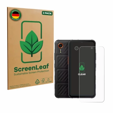 Parte frontal de un envase de producto con el logotipo de la marca ScreenLeaf. Al lado se muestra el dispositivo Samsung Galax