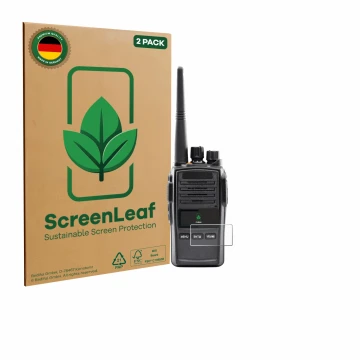 Parte frontal de un envase de producto con el logotipo de la marca ScreenLeaf. Al lado se muestra el dispositivo Midland G18 P