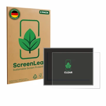 Parte frontal de un envase de producto con el logotipo de la marca ScreenLeaf. Al lado se muestra el dispositivo Jeep Compass 
