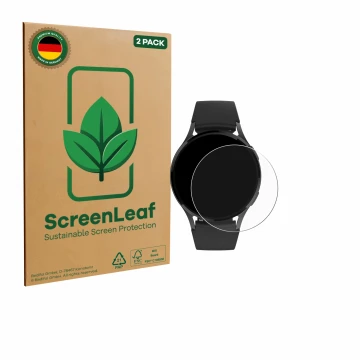 Parte frontal de un envase de producto con el logotipo de la marca ScreenLeaf. Al lado se muestra el dispositivo Levowatch EDG