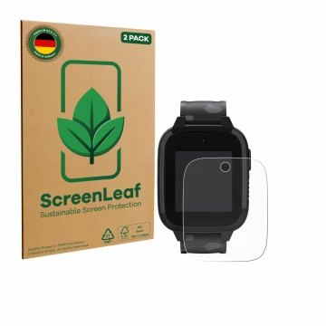 Parte frontal de un envase de producto con el logotipo de la marca ScreenLeaf. Al lado se muestra el dispositivo Xplora XGO3 (