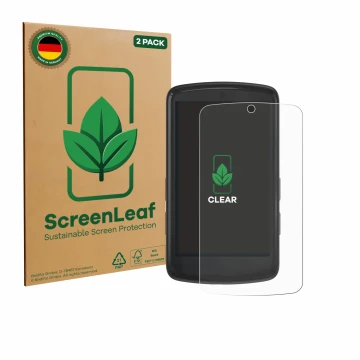 Parte frontal de un envase de producto con el logotipo de la marca ScreenLeaf. Al lado se muestra el dispositivo Bryton Rider 