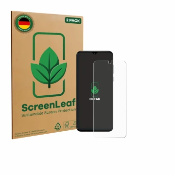 Parte frontal de un envase de producto con el logotipo de la marca ScreenLeaf. Al lado se muestra el dispositivo ZTE Nubia Neo