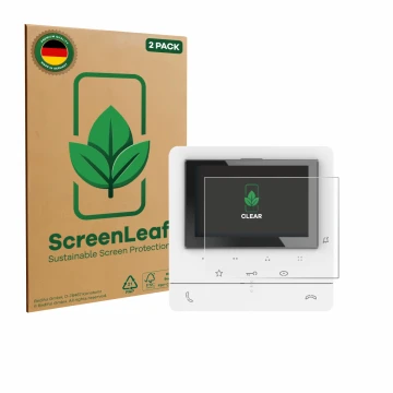 Parte frontal de un envase de producto con el logotipo de la marca ScreenLeaf. Al lado se muestra el dispositivo Biticino 3446