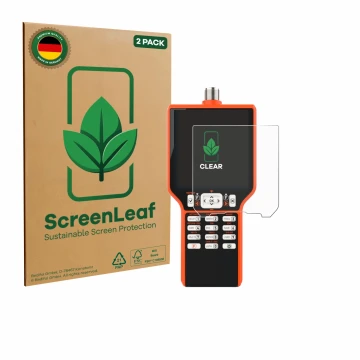 Parte frontal de un envase de producto con el logotipo de la marca ScreenLeaf. Al lado se muestra el dispositivo RigExpert MAT