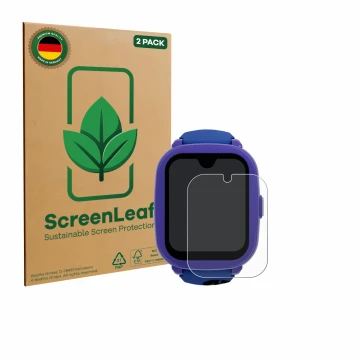 Parte frontal de un envase de producto con el logotipo de la marca ScreenLeaf. Al lado se muestra el dispositivo SaveFamily Ic