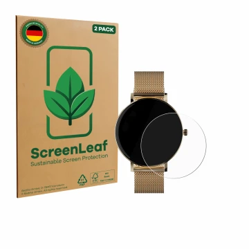 Parte frontal de un envase de producto con el logotipo de la marca ScreenLeaf. Al lado se muestra el dispositivo ZenWatch Veni