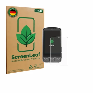 Parte frontal de un envase de producto con el logotipo de la marca ScreenLeaf. Al lado se muestra el dispositivo Wahoo Elemnt 