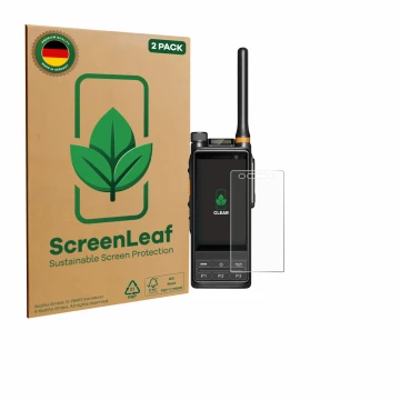 Parte frontal de un envase de producto con el logotipo de la marca ScreenLeaf. Al lado se muestra el dispositivo Hytera PDC680