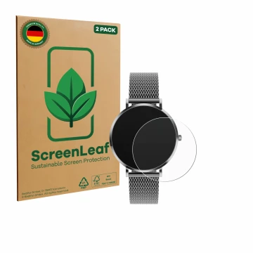 Parte frontal de un envase de producto con el logotipo de la marca ScreenLeaf. Al lado se muestra el dispositivo Pireware Amor