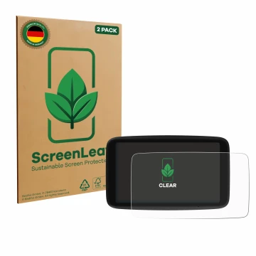 Parte frontal de un envase de producto con el logotipo de la marca ScreenLeaf. Al lado se muestra el dispositivo TomTom Go Nav