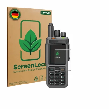 Parte frontal de un envase de producto con el logotipo de la marca ScreenLeaf. Al lado se muestra el dispositivo Radtel RT-880