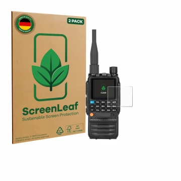 Parte frontal de un envase de producto con el logotipo de la marca ScreenLeaf. Al lado se muestra el dispositivo Tidradio TD-H