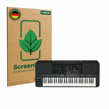 Parte frontal de un envase de producto con el logotipo de la marca ScreenLeaf. Al lado se muestra el dispositivo Yamaha PSR-SX