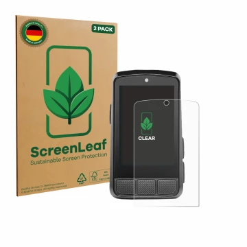 Parte frontal de un envase de producto con el logotipo de la marca ScreenLeaf. Al lado se muestra el dispositivo Wahoo Elemnt 