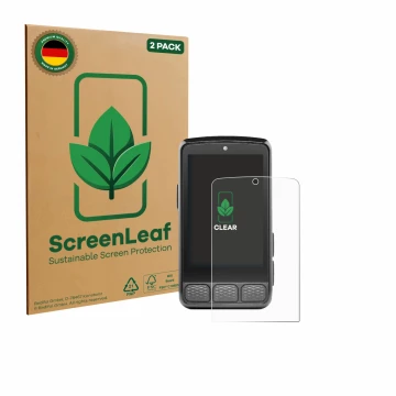 Parte frontal de un envase de producto con el logotipo de la marca ScreenLeaf. Al lado se muestra el dispositivo Wahoo Elemnt 