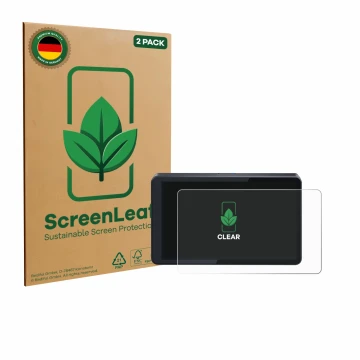 Parte frontal de un envase de producto con el logotipo de la marca ScreenLeaf. Al lado se muestra el dispositivo CARabc DB601 