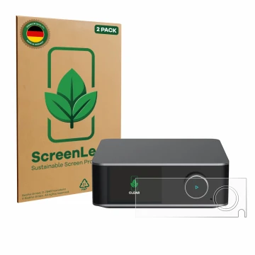 Parte frontal de un envase de producto con el logotipo de la marca ScreenLeaf. Al lado se muestra el dispositivo WiiM Ultra co