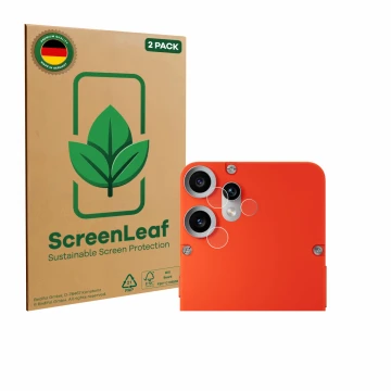 Parte frontal de un envase de producto con el logotipo de la marca ScreenLeaf. Al lado se muestra el dispositivo Nothing CMF P