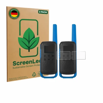 Parte frontal de un envase de producto con el logotipo de la marca ScreenLeaf. Al lado se muestra el dispositivo Motorola TALK
